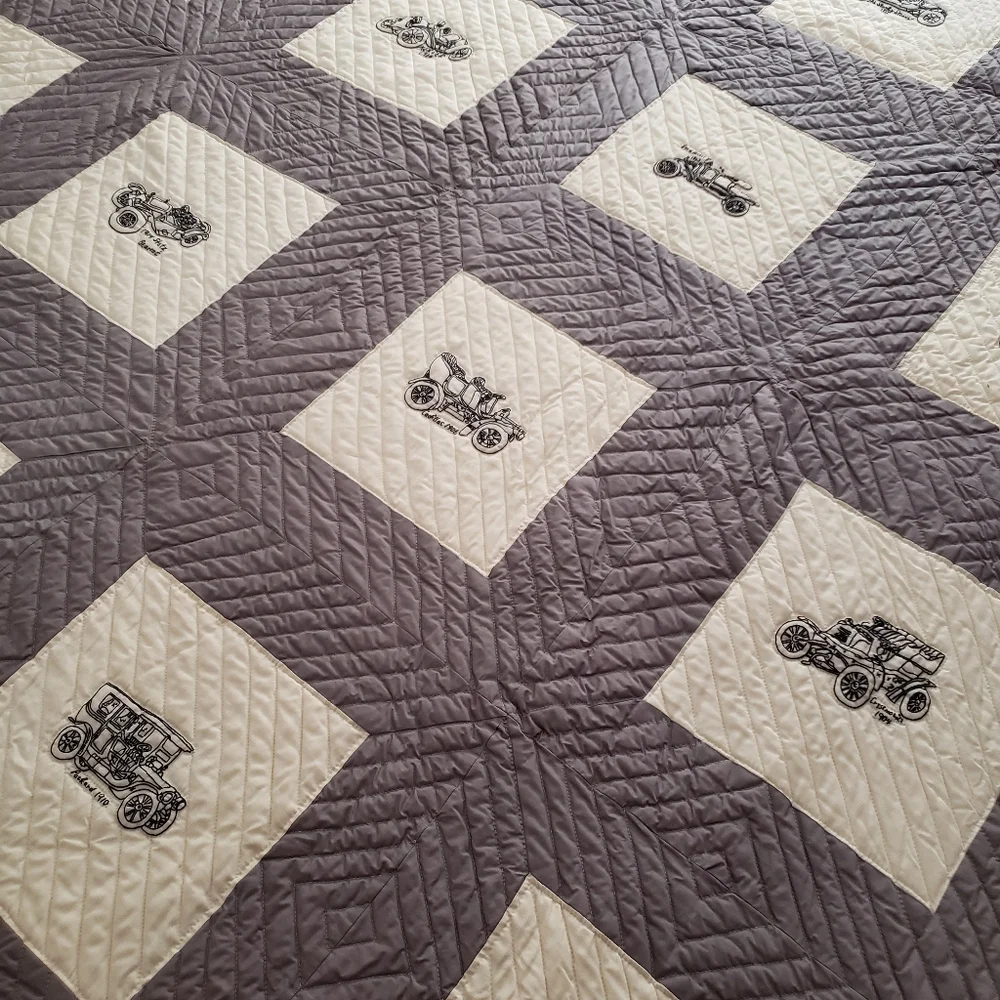 King Queen Quilt Embroidered Antique Cars Grey White Hand Stitched Needlepoint